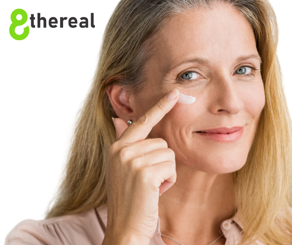 Why Use Anti-Aging Products | 8thereal | Image of White Background 8thereal at top left. Center of photo is a mature woman with fair complexion applying 8thereal Ageless Active Eye Cream under her right eye with her right index finger.